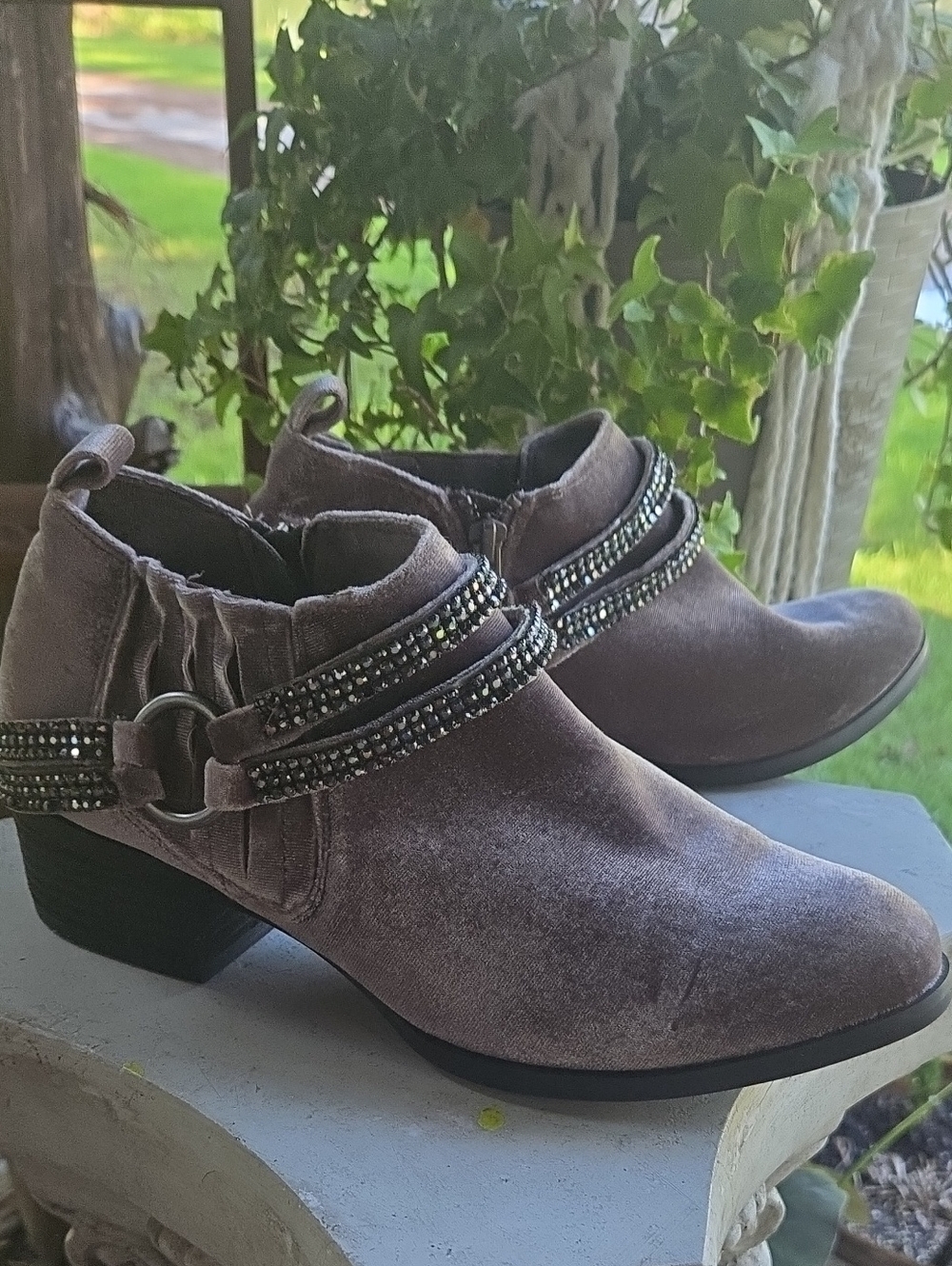 Not Rated Taupe Nellie Velvet Ankle Bootie With Rhinestone Belt Accent Size 9